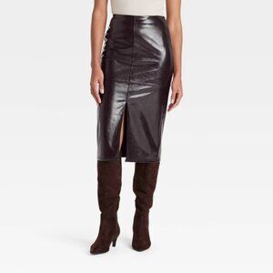 NWT A New Day Women's 14 Brown Faux Leather Midi Skirt Slit Front Side Zip